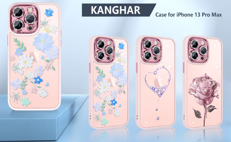 Photo 1 of KANGHAR Phone Case for iPhone 13 Pro Max Phone Case Heart Pattern Clear Case for Women Girls with Glitter Sparkly Camera Lens Protector Protective Anti-Scratch Cover for 13 Pro Max iPhone 13 Pro Max Daisies