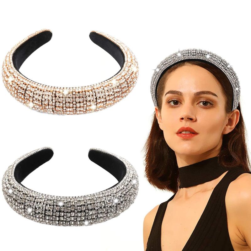 Photo 1 of 2PCS Bling Padded Rhinestone Headband Diamond Crystal Beaded Wide Headband Bejewelled Hairband Luxury Sparkly Glitter Hair Accessories for Women Girls 1 Count (Pack of 1)