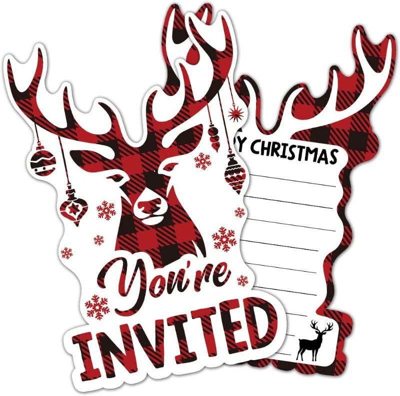 Photo 1 of RZHV 15 Pack Christmas Elk Shaped Fill-In Party Invitations Cards With Envelopes for Boys Girls Adults, Funny Winter Christmas Birthday Baby Shower Holiday Party Invite (Merry Christmas)