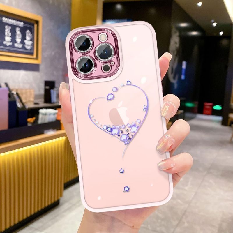 Photo 1 of KANGHAR Phone Case for iPhone 14 Pro Max Phone Case Heart Pattern Clear Case for Women Girls with Glitter Sparkly Camera Lens Protector Protective Anti-Scratch Cover for 14 Pro Max