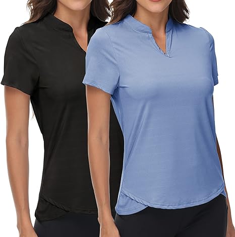 Photo 1 of [Size S] DOTIN Women's 2 Pack V-Neck Golf Polo Shirts Short Sleeve Collarless Quick Dry Sport T-Shirts Workout Tops