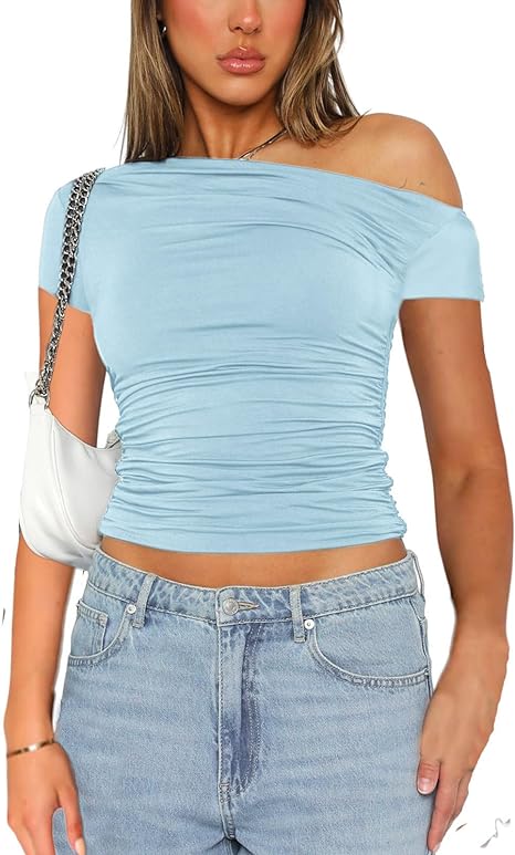 Photo 1 of Women Short Sleeve Off The Shoulder Crop Tops Ruched Fitted Tight T Shirt Y2k Sexy Basic Summer Going Out Top