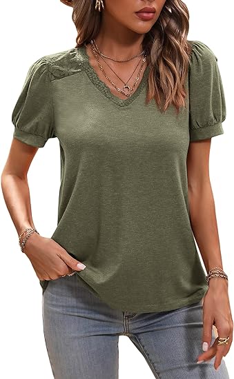 Photo 1 of Womens  Sleeve Lace Shirts V Neck Patchwork Casual Summer Tunic Tops- Green