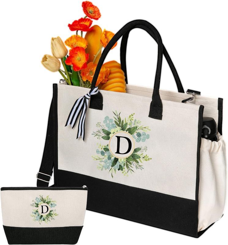Photo 1 of Personalized Totes for Women, Bride Beach Tote Bag with Zipper, Personalized Initials Monogrammed Birthday Gifts for Women, Bolsos de Mujer with Exquisite Printing Wreath Pattern (D)