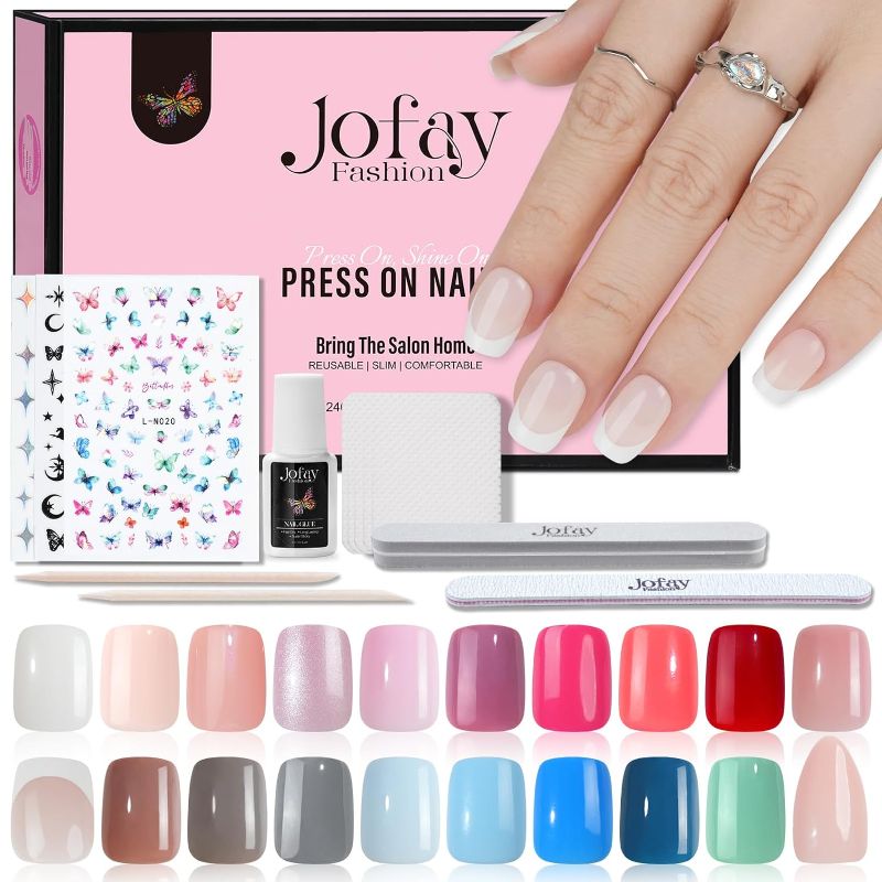Photo 1 of Short Fake Nails, 480pcs Ombre Press On Nails Kit Short Square Solid Color Fake Nails, Acrylic False Nails with French Design, Glitter Glue on Nails with 7g Brush on Nail Glue, Nail File and Buffer