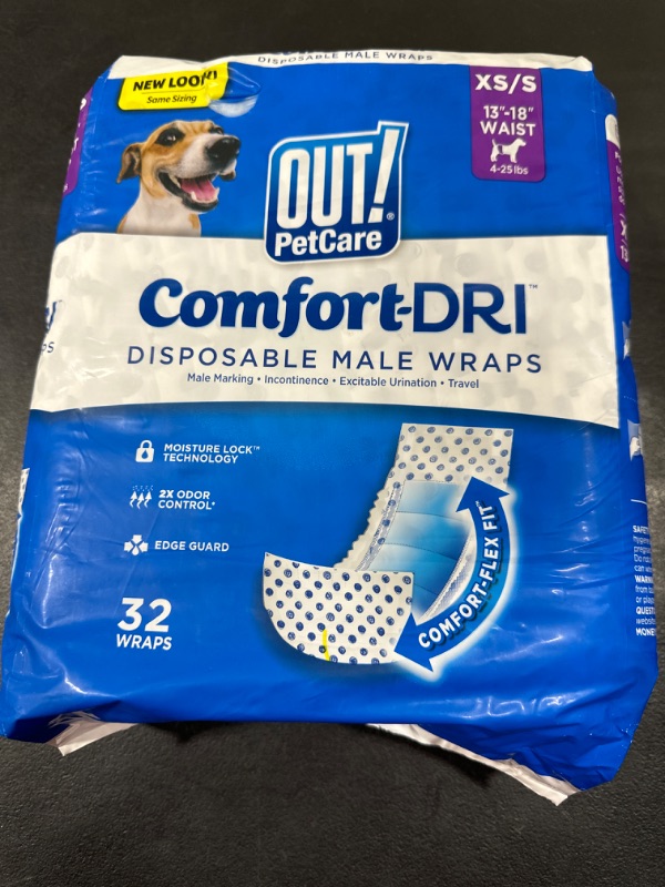 Photo 1 of OUT! Pet Care Disposable Male Dog Diapers | Absorbent Male Wraps with Leak Proof Fit | Extra-Small/Small, 32 Count XS/S 32 ct