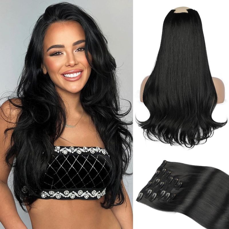 Photo 1 of Clip in Hair Extensions,Thick Long Straight Layered Hair Extensions,Upgrade Soft Lace Weft Lightweight 7PCS Long Wavy Hairpieces Black for Women