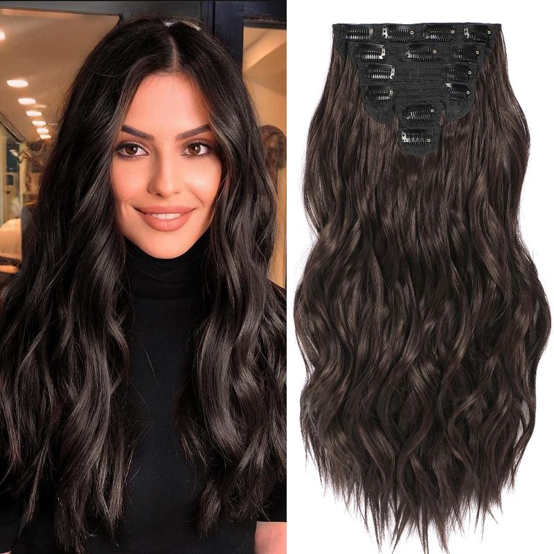 Photo 1 of Clip in Hair Extensions, 6 PCS Natural & Soft Hair & Blends Well Hair Extensions, Dark Brown Long Wavy Hairpieces(20inch, 6pcs, RED) STOCK PHOTO FOR REFERENCE ONLY
