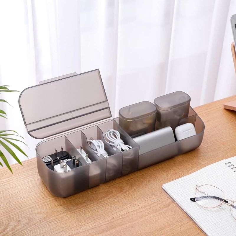 Photo 1 of Plastic Cable Storage Box with Lid, Large Cord Organizer Case with Wire Straps for Home Office Supplies, Phone Charger, Battery (Grey / 1 Pack)