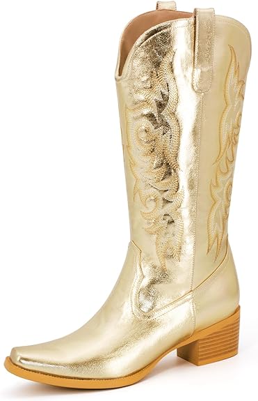Photo 1 of Women's Cowboy Boots Embroidered Western Cowgirl Mid Calf Boots Square Toe Chunky Heel Wide-calf Boots 5