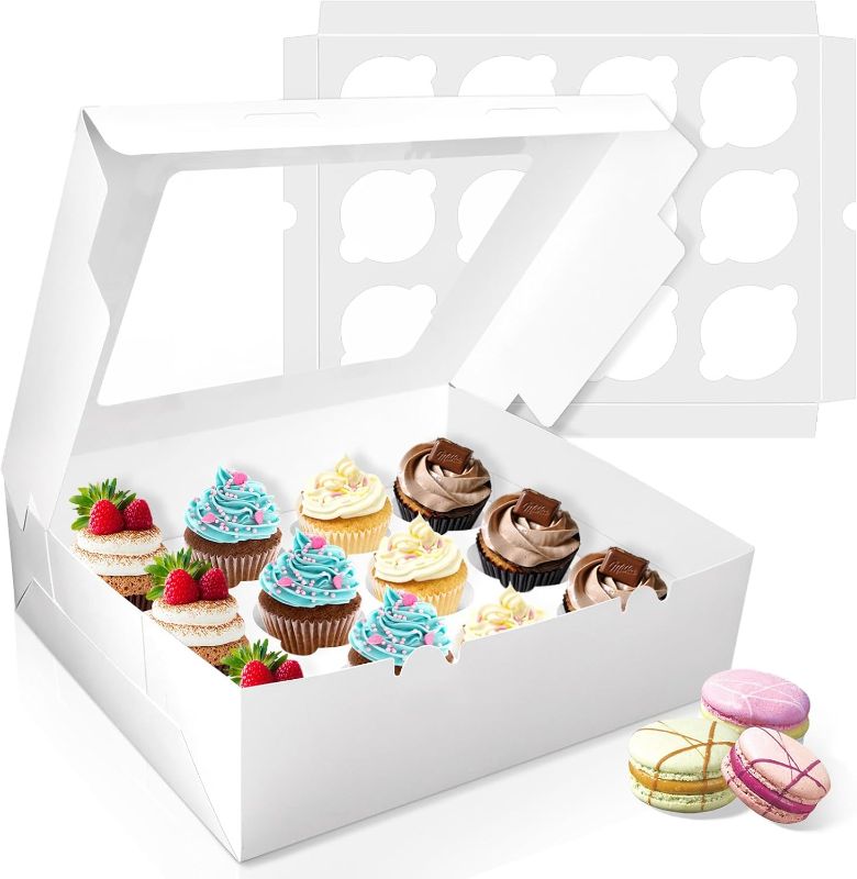 Photo 1 of 10 Pcs 12-Cup Cupcake Container with Window, Cupcake Box with 12 Count Insert Position, Folding Free White Cupcakes Carrier Bakery Pastry Carrier Boxes for Muffins, Cookies, Dessert (White)