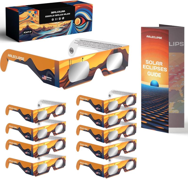 Photo 1 of 10 Pack Paper Solar Eclipse Glasses, Approved 2024, CE and ISO Certified Safe Shades for Direct Sun Viewing+ Solar Eclipse Guide