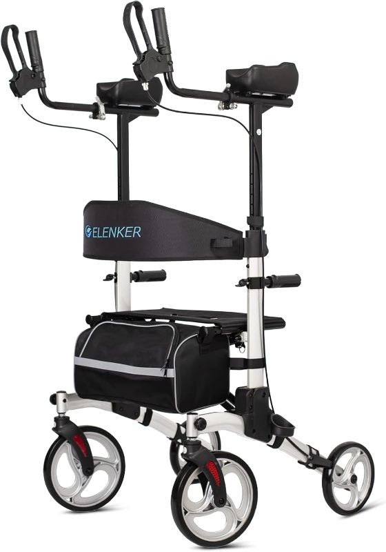 Photo 1 of ELENKER Upright Walker, Stand Up Folding Rollator Walker with 10” Front Wheels Backrest Seat and Padded Armrests for Seniors and Adults, Silver
