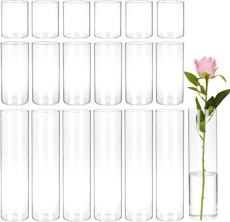Photo 1 of CEWOR 18pcs Glass Cylinder Vase 4, 8, 12 Inch Glass Candle Holder for Wedding Centerpieces Tall Clear Vases Flower Vase for Home Decor Party 3 Different Sizes
