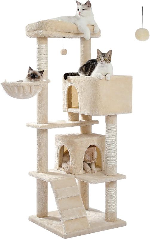 Photo 1 of Cat Tree for Large Cats Adult with Super Large Top Perch, 56.3" Cat Tower for Large Cats with Plush Hammock, Cat Shelves and Dangling Pompom, Cat Scratching Posts and 2 Condos Houses, Beige
