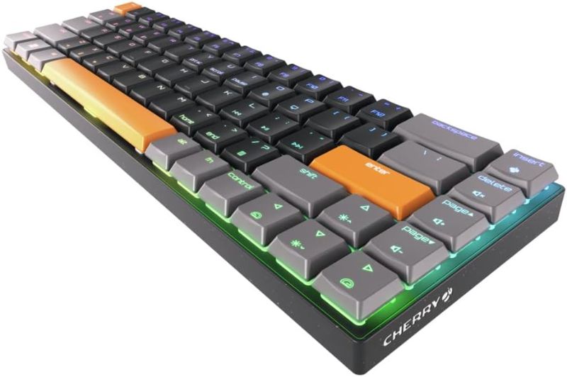 Photo 1 of Cherry MX-LP 2.1 Compact Wireless Gaming Keyboard. RGB MX Silver Speed Switches. RGB Lighting Low-Profile MX Precision switches. 65% Size. 68 Keys. (Black & Orange)
