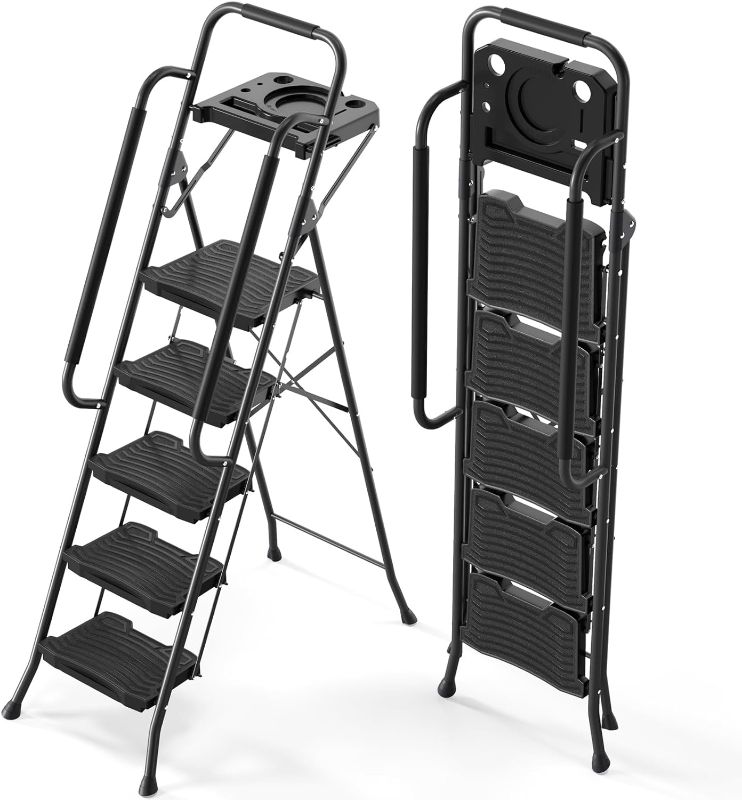 Photo 1 of KINGRACK 5 Step Ladder with Tool Platform, Sturdy Step Stool with Handrail, Folding Steel Ladder with Wide Pedal, Safety Ladder for Adults Home Outdoor Painting Garage