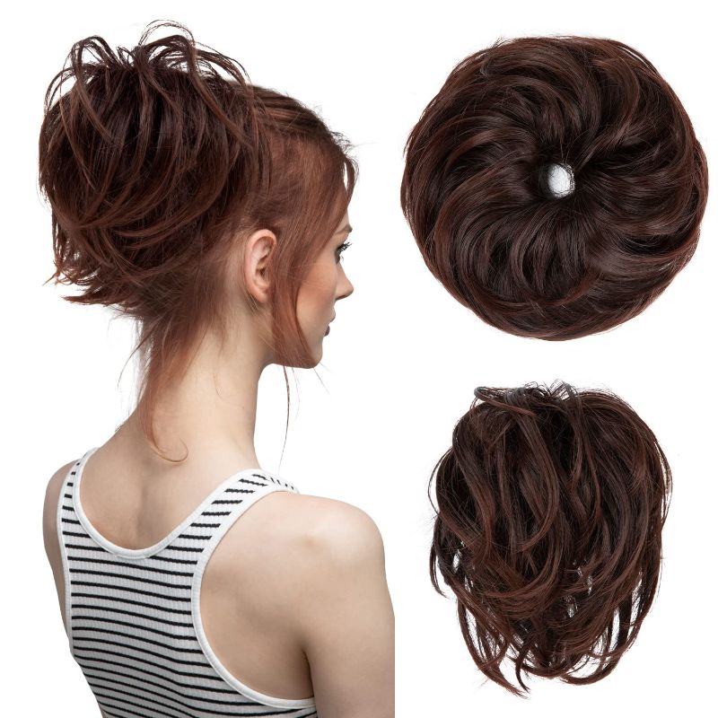 Photo 1 of CJL HAIR Large Messy Bun Hair Piece Wavy Curly Scrunchies Synthetic Chignon Ponytail Hair Extensions Thick Updo Hairpieces for Women (Curly, Straight, Chocolate Brown and Auburn Tips)
