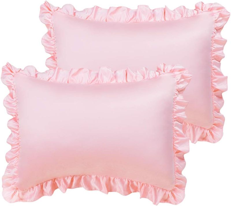 Photo 1 of PiccoCasa Satin Pillow Cases for Hair and Skin, 2-Pack-Ruffled Pillow Shams Oxford Pillowcases Covers with Envelope Closure Pink Boudoir (12x16inch + 3inch Hem)
