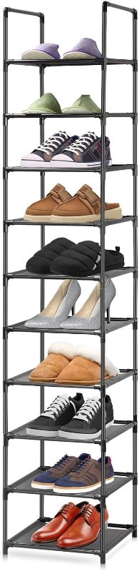 Photo 1 of 10 Tier Shoe Rack, Metal Shoe Shelf Storage, Tall Vertical Storage Organizer Stand, Home Shoe Tower with Non-Woven Fabric for Narrow Space, Cloakroom, Entryway, Grocery Room (Black)
