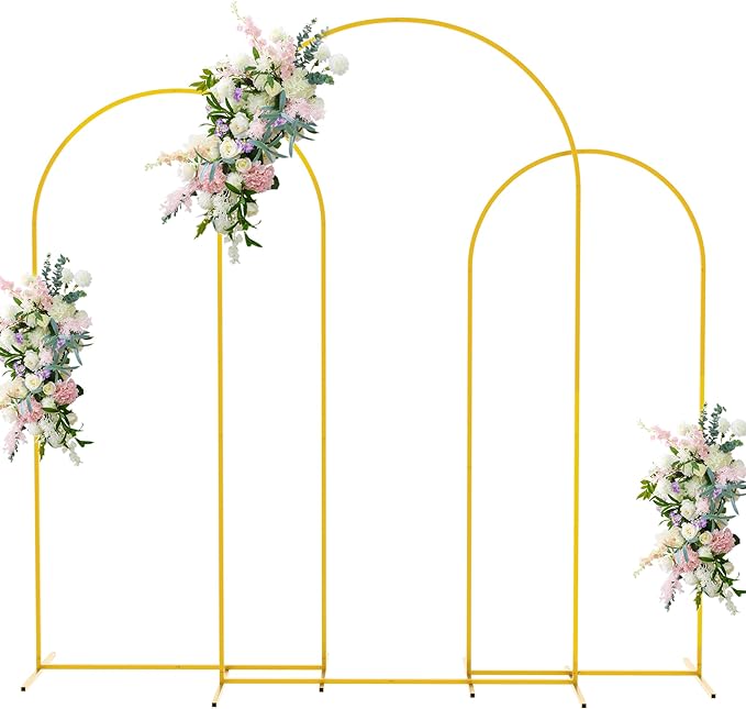 Photo 1 of Asee'm Wedding Arch Backdrop Stand Set of 3 (7.2FT, 6.6FT, 6FT) Gold Metal Arched Frame for Ceremony Parties Birthday Baby Shower Garden Balloon Decoration 
