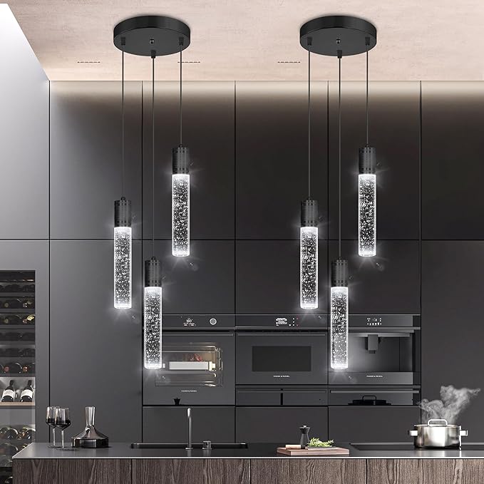 Photo 1 of dolria 3-Lights Pendants Light for Kitchen Island Chandeliers Dining Room Pendant Lighting Fixture Bubble Crystal Ceiling Hanging Lights Bedroom Island Kitchen 6000K White Light Fixtures Black 
