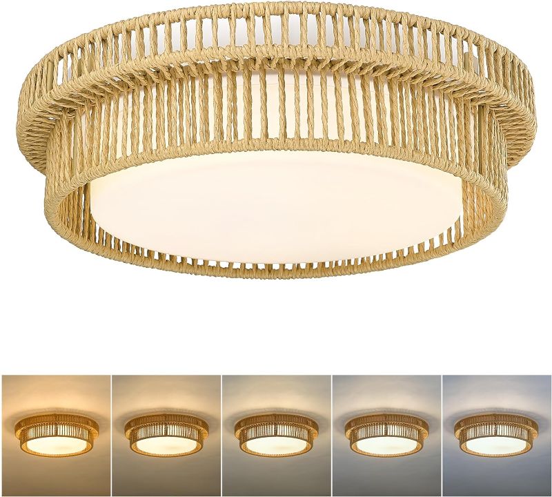 Photo 1 of LED Rattan Ceiling Light, HWH Boho Light Fixtures Ceiling 22W, 15'' Handwoven Twine Cage Light Fixtures Ceiling Mount 5CCT 3000k/3500k/4000k/5000k/6000k, 5HYS78MF-LED
