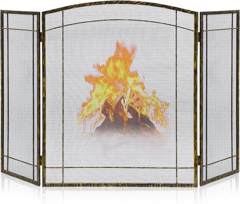 Photo 1 of FEED GARDEN 3 Panel Fireplace Screen 48" W x 29" H Modern Foldable with Wrought Metal Decorative Mesh,Arch Heavy Duty Fire Spark Guard Cover for Home Decor Indoor, Bronze

