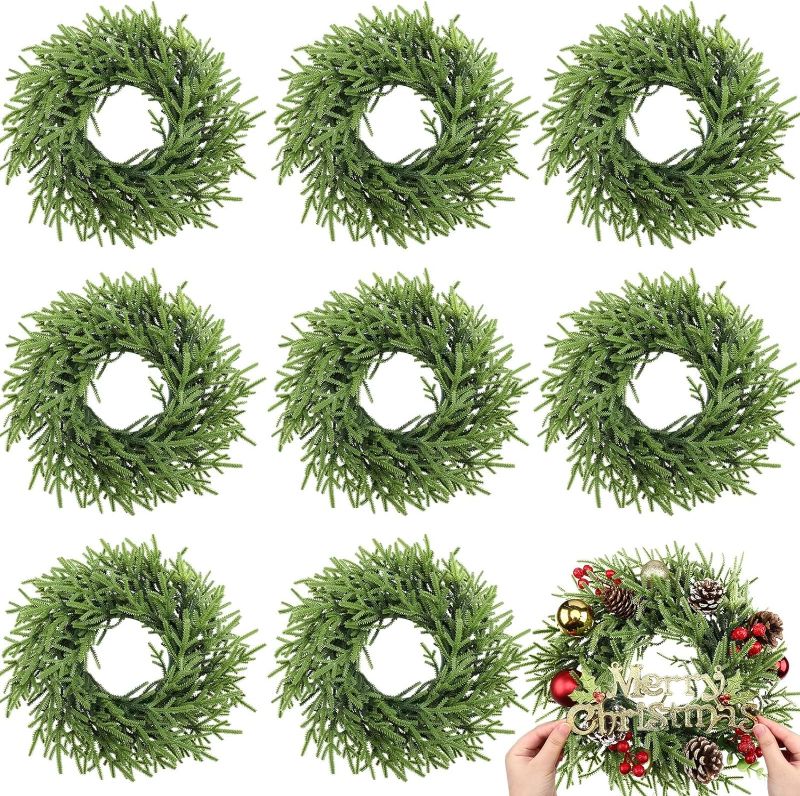 Photo 1 of 8 Pcs Christmas DIY Green Wreath 14 Inch Artificial Christmas Wreaths Faux Plain Wreaths for Decorating Front Door Window Room Farmhouse Christmas Party Indoor Outdoor (Stylish)
