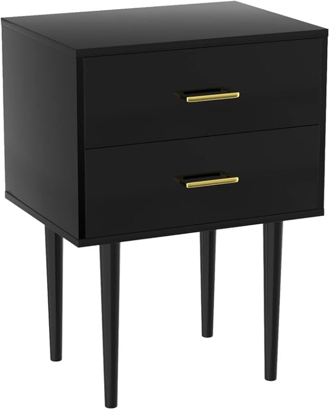Photo 1 of Black Nightstand with 2 Drawers, Modern Night Stand Black, Wooden Night Stands for Bedroom, Bed Side Table, End Table, Gold Handle 26 Inch Tall, Large Size
