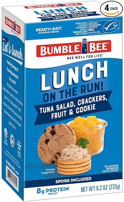 Photo 1 of Bumble Bee Lunch On The Run Tuna Salad with Crackers Kit, 8.2 oz (Pack of 4) - Ready to Eat, Includes Crackers, Cookie & Peaches - Wild Caught Tuna - Shelf Stable & Convenient Source of Protein
