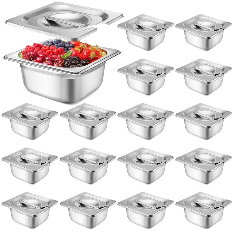 Photo 1 of 12 Pcs Stainless Steel Hotel Pan with Lids 1/6 Size Chafing Steam Table Pan Catering Pans with Notched Cover Commercial Stackable Metal Steamer Pan for Buffet Party Storage Food (2.6 Inch)
