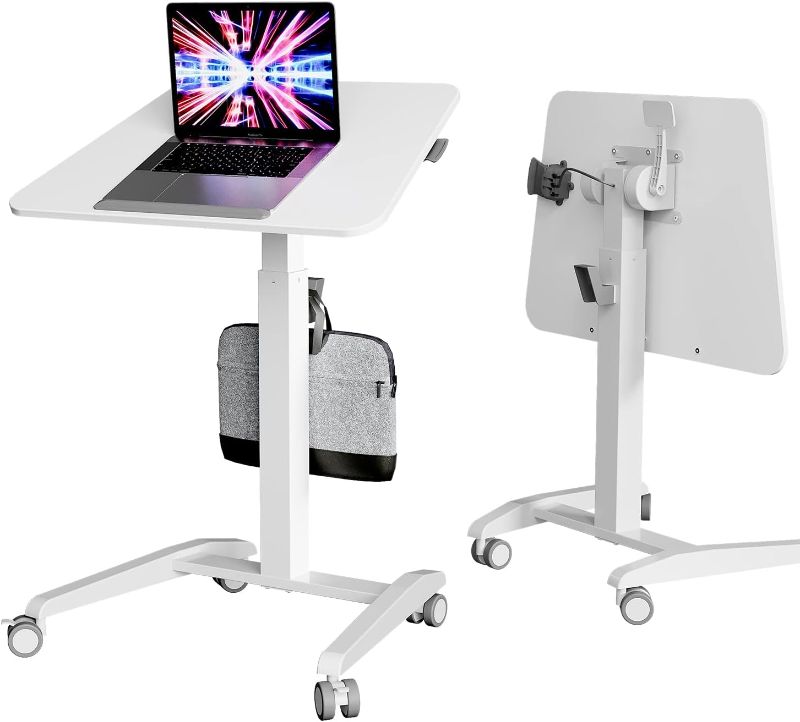 Photo 1 of JYLH JOYSEEKER Mobile Standing Desk, Pneumatic 90° Tiltable Rolling Laptop Desk, Portable Sit Stand Desk with Wheels, Height Adjustable Ergonomic Workstation for Home Office, White