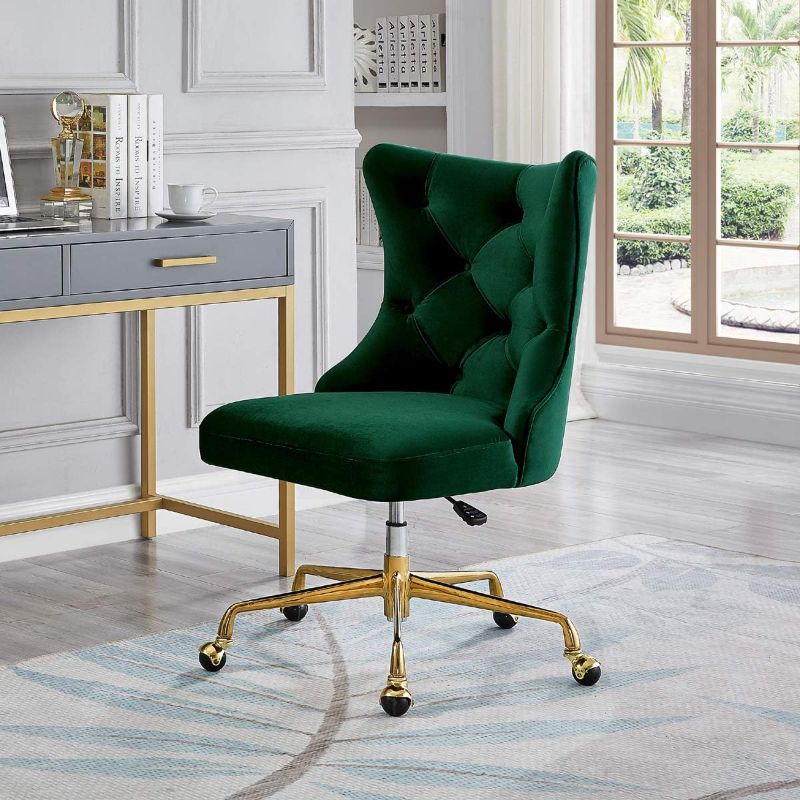 Photo 1 of 24KF Velvet Upholstered Tufted Button Home Office Chair with Golden Metal Base,Adjustable Desk Chair Swivel Office Chair - 7081-Jade