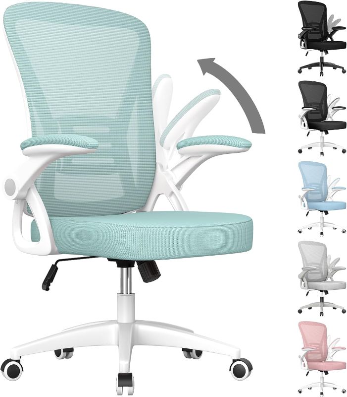 Photo 1 of naspaluro Ergonomic Office Chair, Mid Back Desk Chair with Adjustable Height, Swivel Chair with Flip-Up Arms and Lumbar Support, Breathable Mesh Computer Chair for Home/Study/Working, Green