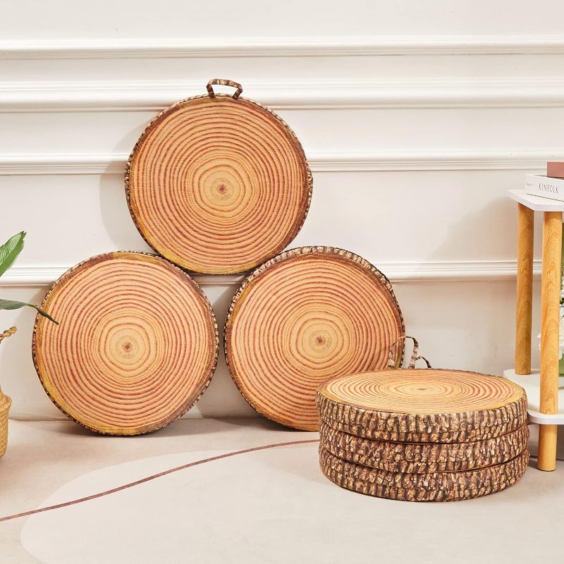 Photo 1 of 15.7 Inch Decorative Stump Seating Floor Cushions 3D Digital Print Round Throw Pillow 2 Inch Thick Circle Comfortable Funny Cute Floor Pillow with Handle for Kid Daycare Home Sofa Bedroom (8 pcs) 