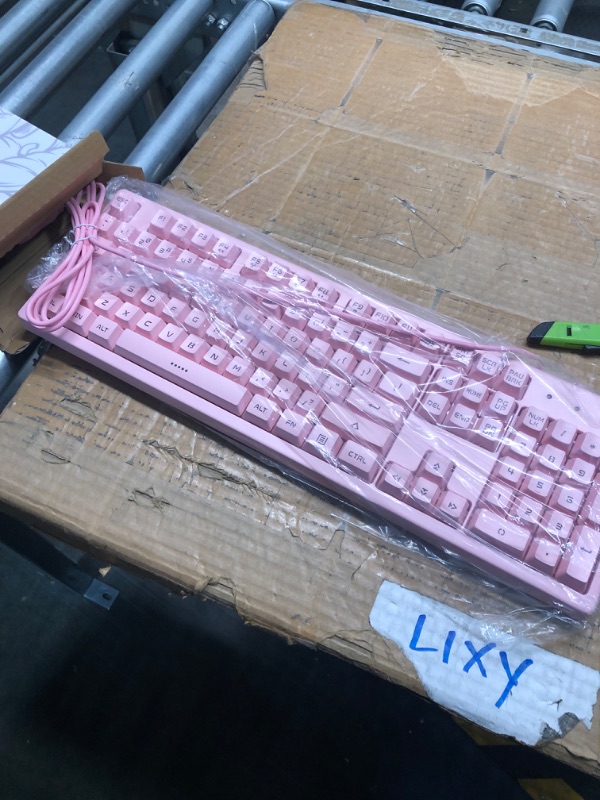 Photo 3 of FIRSTBLOOD ONLY GAME. DKS100 Computer Keyboard, White Backlit Mechanical Feeling Membrane Gaming Keyboard, Wired 104 Keys for Gaming Office and Typing, Pink