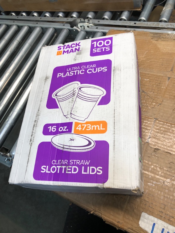 Photo 1 of [100 Sets - 16 oz.] Clear Plastic Cups with Straw Slot Lid, PET Crystal Clear Disposable 16oz