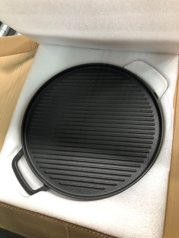 Photo 3 of GGC Reversible Cast Iron Griddle, Double-sided Griddle Pan for Stove Tops, Gas Grills and Outdoor Cooking, 14 inch Grill Griddle with Baking Flat and Ribbed Dia=14"