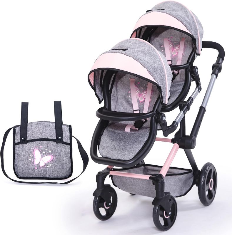 Photo 1 of Bayer Design Dolls: Xeo Twin Pram - Butterfly Grey & Pink - Matching Handbag, Adjustable Handle, for Dolls Up to 20"
