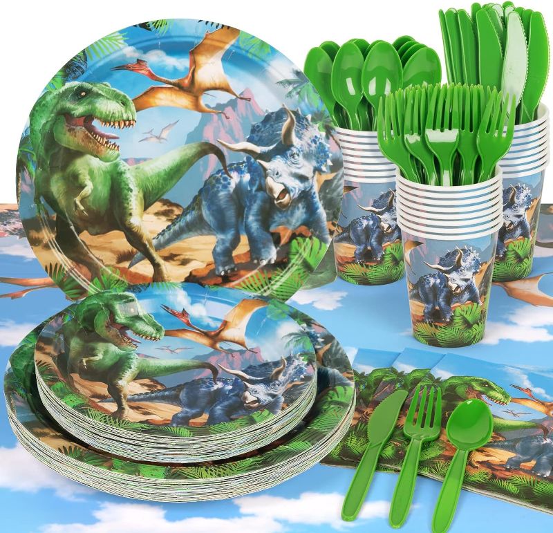 Photo 1 of DECORLIFE Dinosaur Birthday Party Supplies Serves 24, Dinosaur Party Decorations, Complete Pack Includes Centerpiece, Cupcake Toppers, Palm Leaves, Total 224PCS