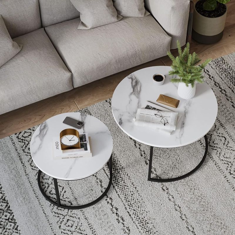 Photo 1 of **USED** Semiocthome Round Nesting Coffee Table, 31.5" White Modern Accent Wood Coffee Tables Set of 2, Faux Marble Coffee Table for Living Room Small Space, End Side Nesting Tables with Sturdy Metal Frame
