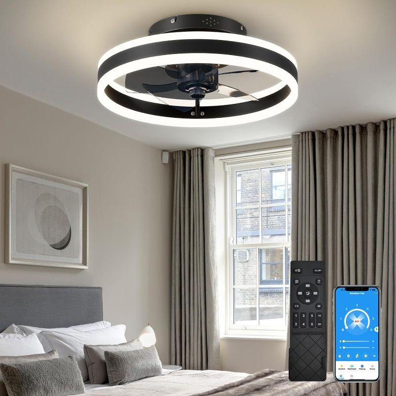 Photo 1 of  Low Profile 15.7" LED Small Ceiling Fan with Light - Modern, Semi-Enclosed Flush Mount, Smart APP & Remote Control, 6-Speeds, Black - Perfect for Bedroom and Living Room
