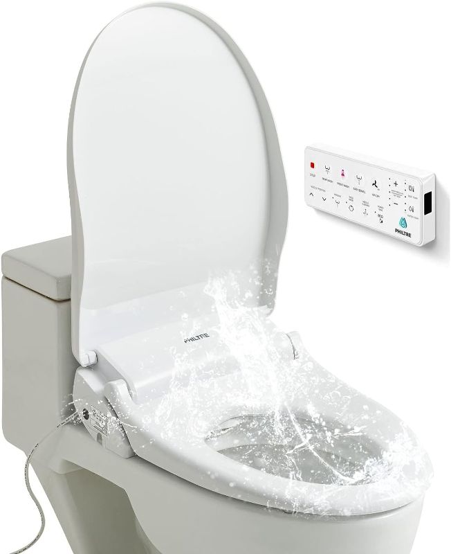 Photo 1 of 
PHILTRE Toilet Bidet Attachment with Heated Toilet Seat, Warm and Cold Water, Dryer, Hygienic All-Stainless Steel Nozzle, and Full Function Remote Control