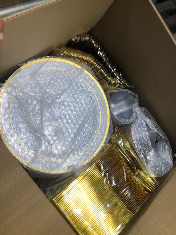 Photo 3 of Goodluck 150 Pieces Gold Disposable Plates for 25 Guests, Plastic Plates for Party, Wedding, Dinnerware Set of 25 Dinner Plates, 25 Salad Plates, 25 Spoons, 25 Forks, 25 Knives, 25 Cups