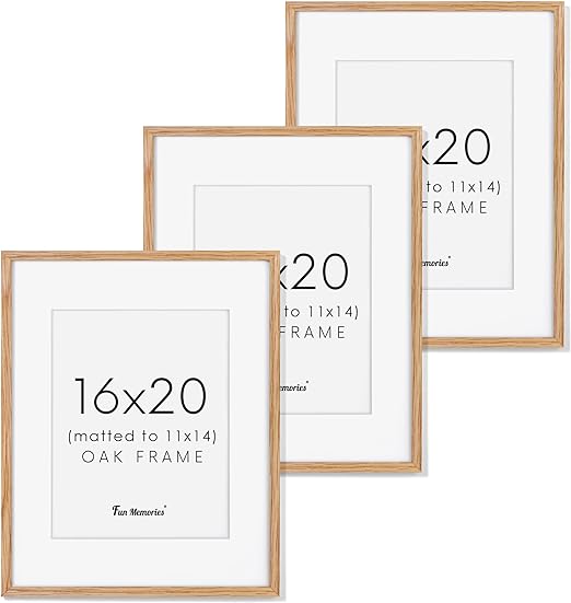 Photo 1 of 16x20 Picture Frame for Wall, Solid Oak Wood 16x20 Frame Matted to 11x14, 16"x20" Poster Frames with Real Glass, Natural Wood 20 x 16 Frames Art Frames for Wall Decor, 3 Pack
