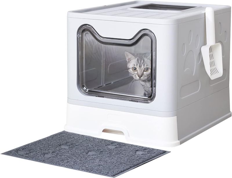 Photo 1 of 
Medario Cat Litter Box with Mat and Scoop, Large Foldable Litter Box with Lid, Front Entry Top Exit Kitty Litter Box, Odor Control Easy Clean (Grey)