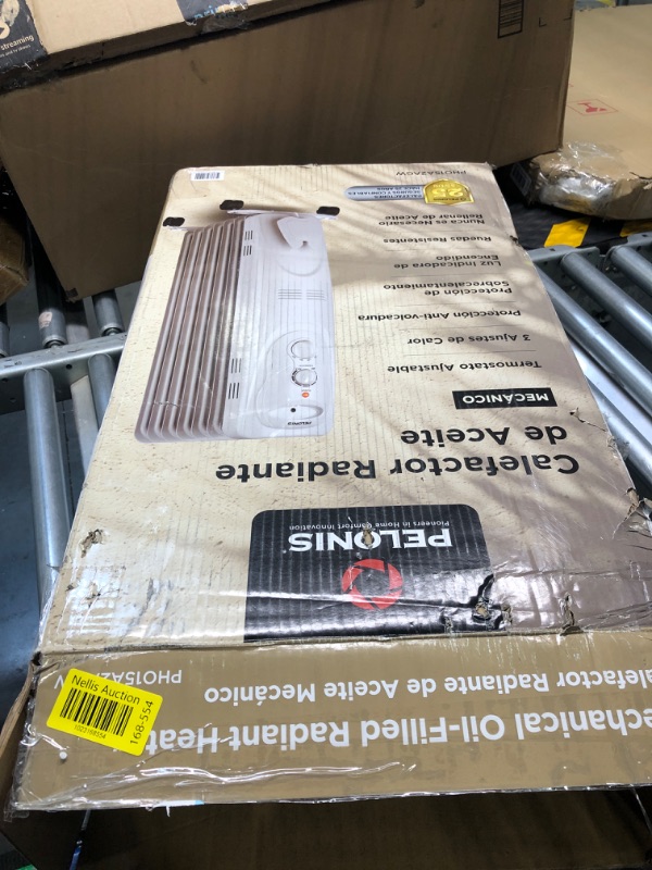 Photo 1 of **DAMAGED***PELONIS PHO15A2AGW, Basic Electric Oil Filled Radiator, 1500W Portable Full Room Radiant Space Heater with Adjustable Thermostat, White, 26.10 x 14.20 x 11.00 in
