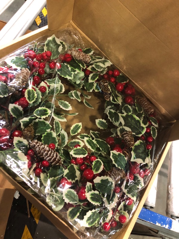 Photo 2 of 18 Inch Holly Berry Pine Cones Wreath Christmas Wreath for Front Door, Evergreen Winter Holiday Wreath Green Holly Front Door Wreath Red