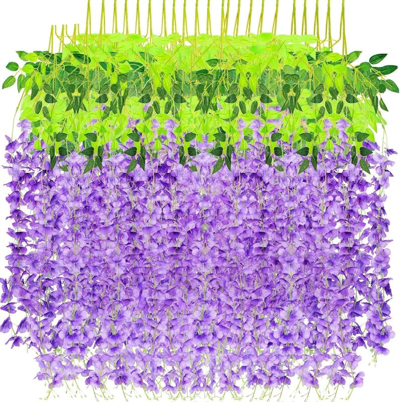 Photo 1 of 48 Pack Artificial Wisteria Vine, Flower Vine Fake Hanging Garland for Wedding Party Outdoor Garden Greenery Home Wall Decor (Pink, 48 Pack) purple 48